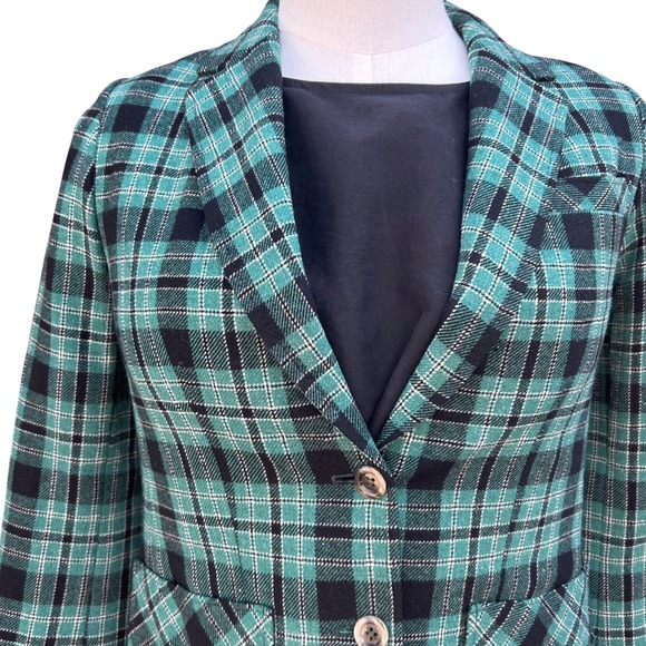 Vtg 70s Young Pendleton Wool Blazer Jacket Jrs S Teal Green Black Plaid Preppy - Picture 1 of 7